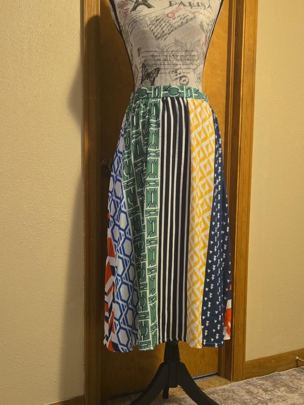 Flying Tomato Multicolor Midi Skirt in Green, Blue, Yellow, Black & White